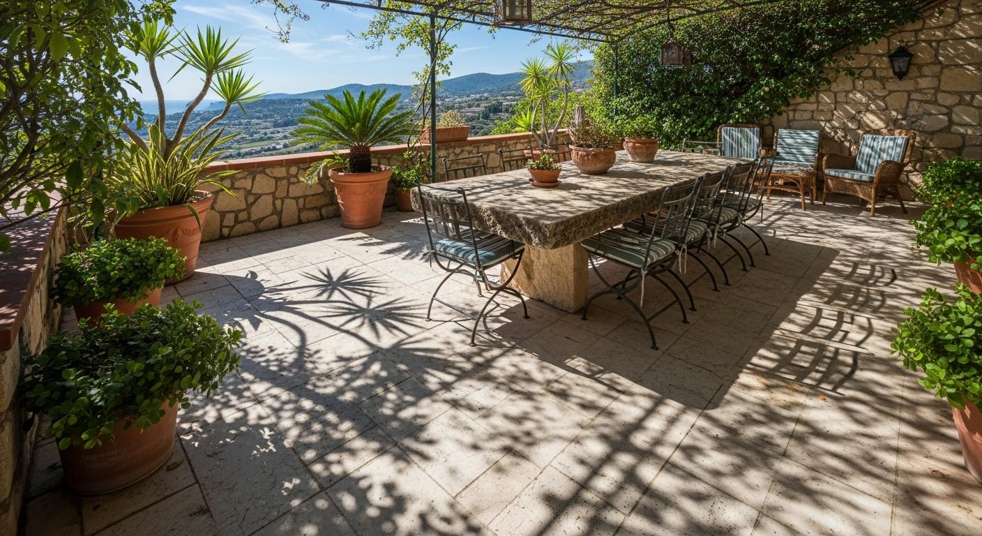 Une terrasse baignée de soleil avec une grande table en pierre naturelle entourée de chaises, des plantes méditerranéennes et des jeux d’ombre sur la pierre claire.