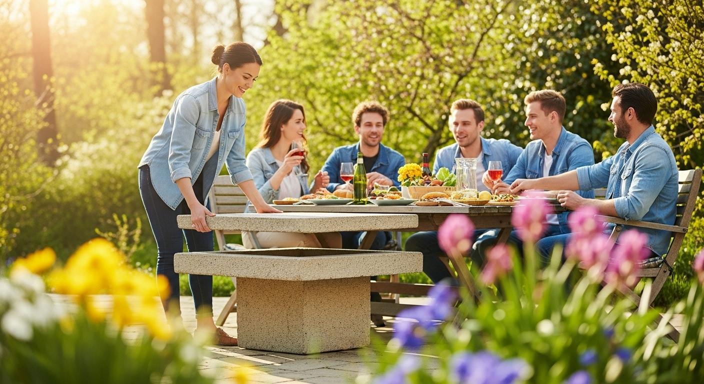 Une femme souriante, installant une table basse en pierre reconstituée sur une terrasse, sous le soleil du printemps, avec de la verdure autour et des amis réunis prêts à partager un repas.